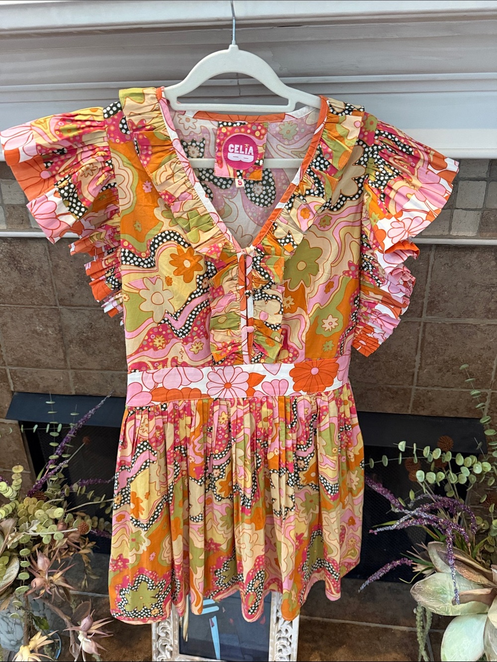 Celia B Lirio Dress pleated sleeves ruffles bright fun Sz S